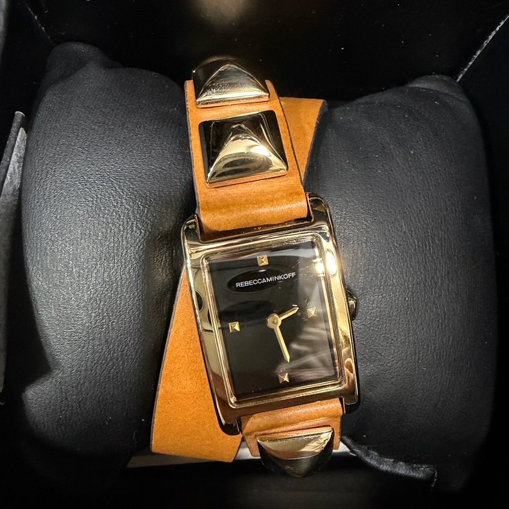 New Rebecca Minkoff Moment gold-tone studded leather wrap watch black dial